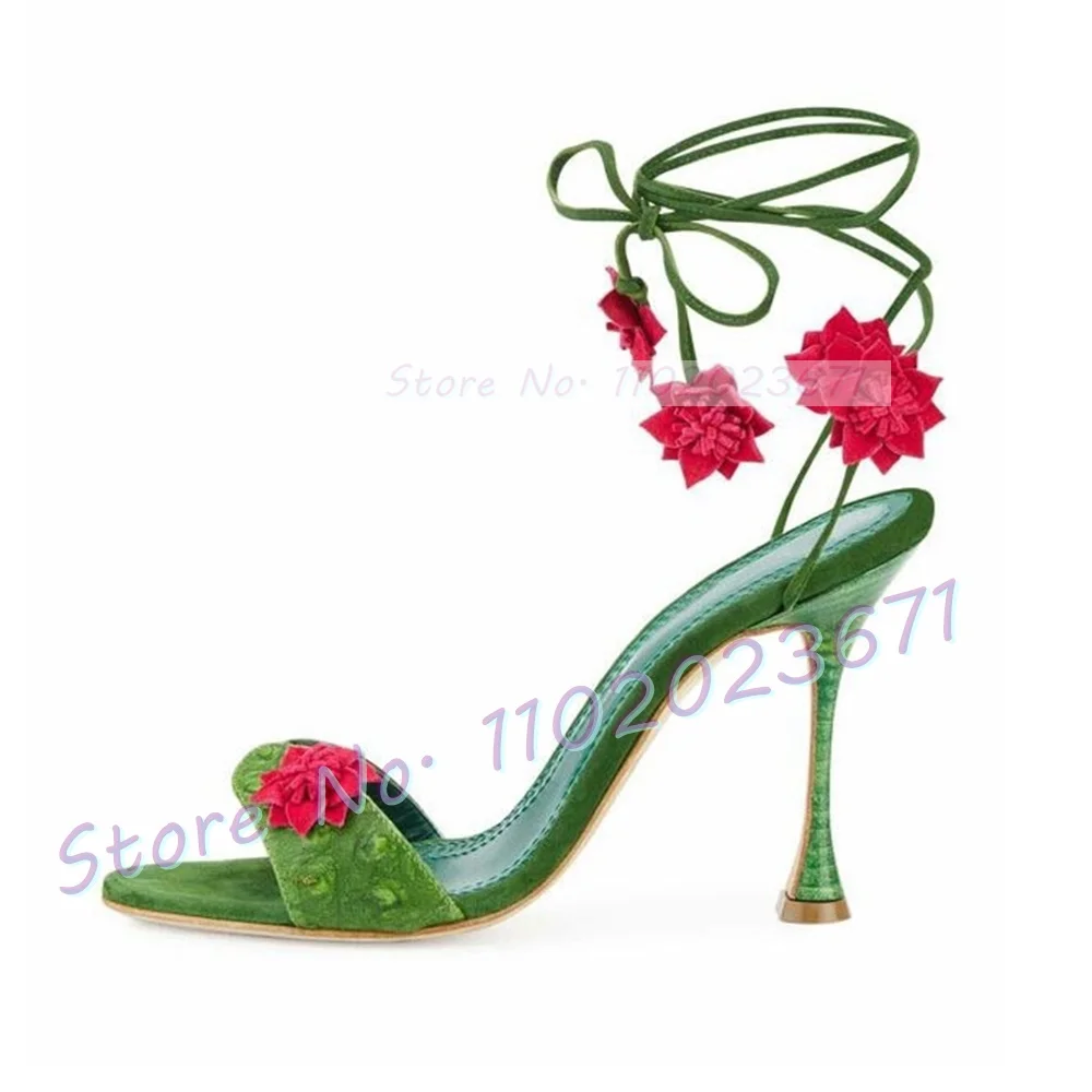 Luxury Lifestyle - Red Flowers Lace-up Green Sandals Women